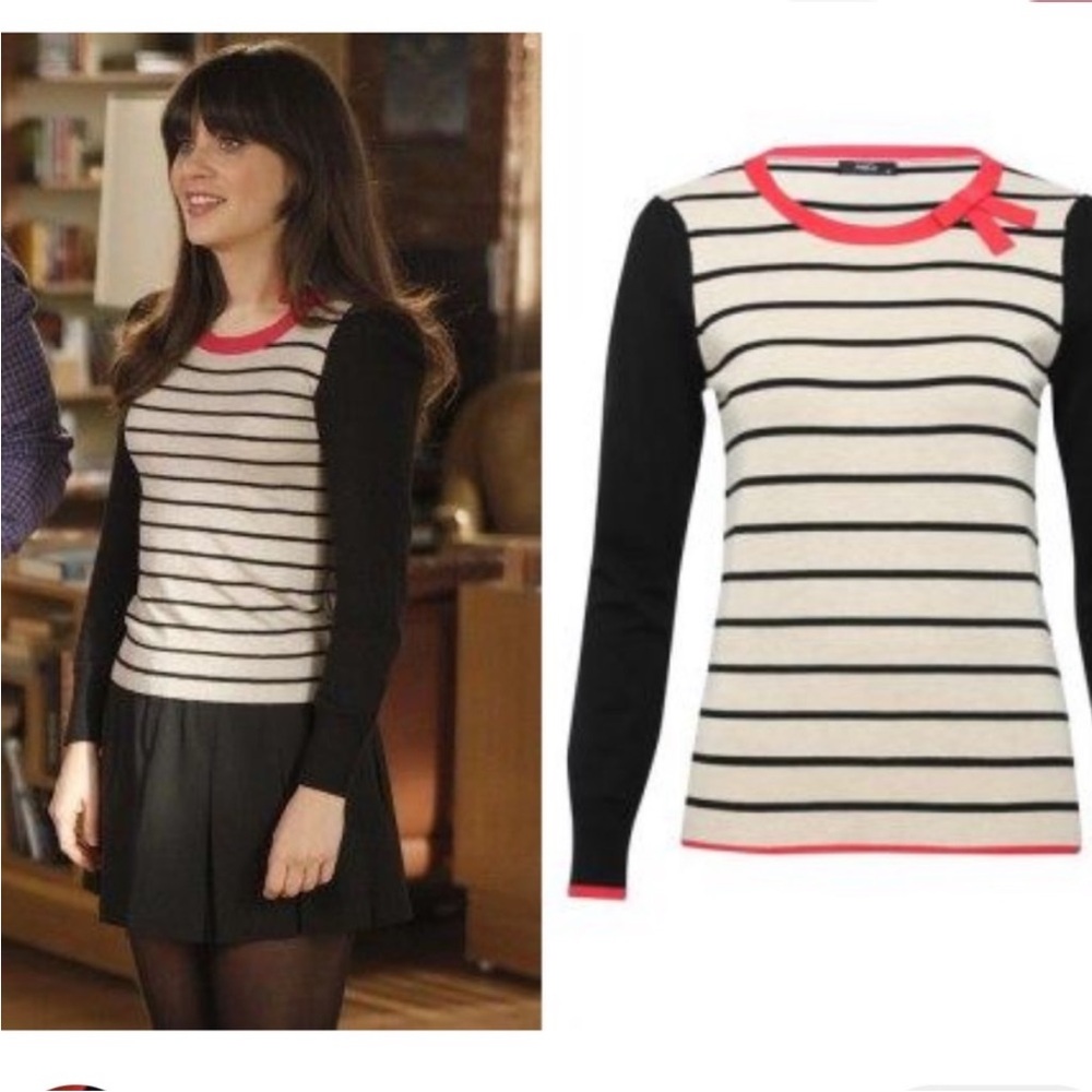 H&M | cream black color block striped sweater pink bow size 6-8